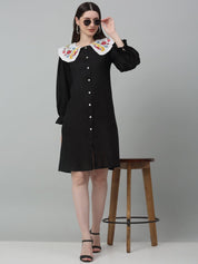 Women's Floral Embroidered A-line Dress - JND_1018Black_XS