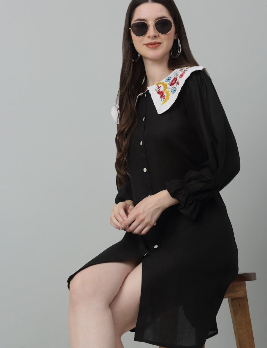 Women's Floral Embroidered A-line Dress - JND_1018Black_XS