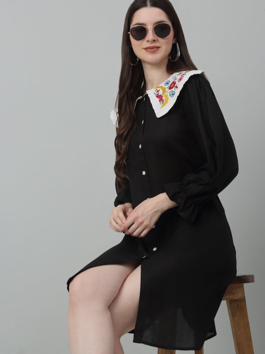 Women's Floral Embroidered A-line Dress - JND_1018Black_XS