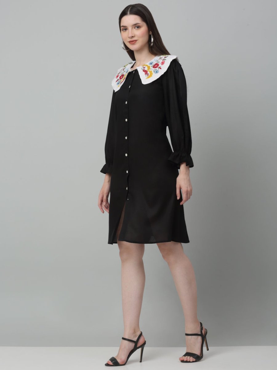 Women's Floral Embroidered A-line Dress - JND_1018Black_XS