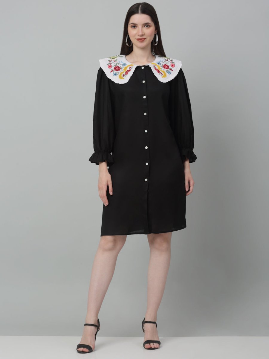 Women's Floral Embroidered A-line Dress - JND_1018Black_XS