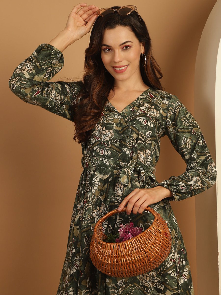 Women's Floral Print Short Western Dress - JND_1031Green_XS