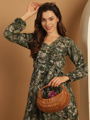 Women's Floral Print Short Western Dress - JND_1031Green_XS