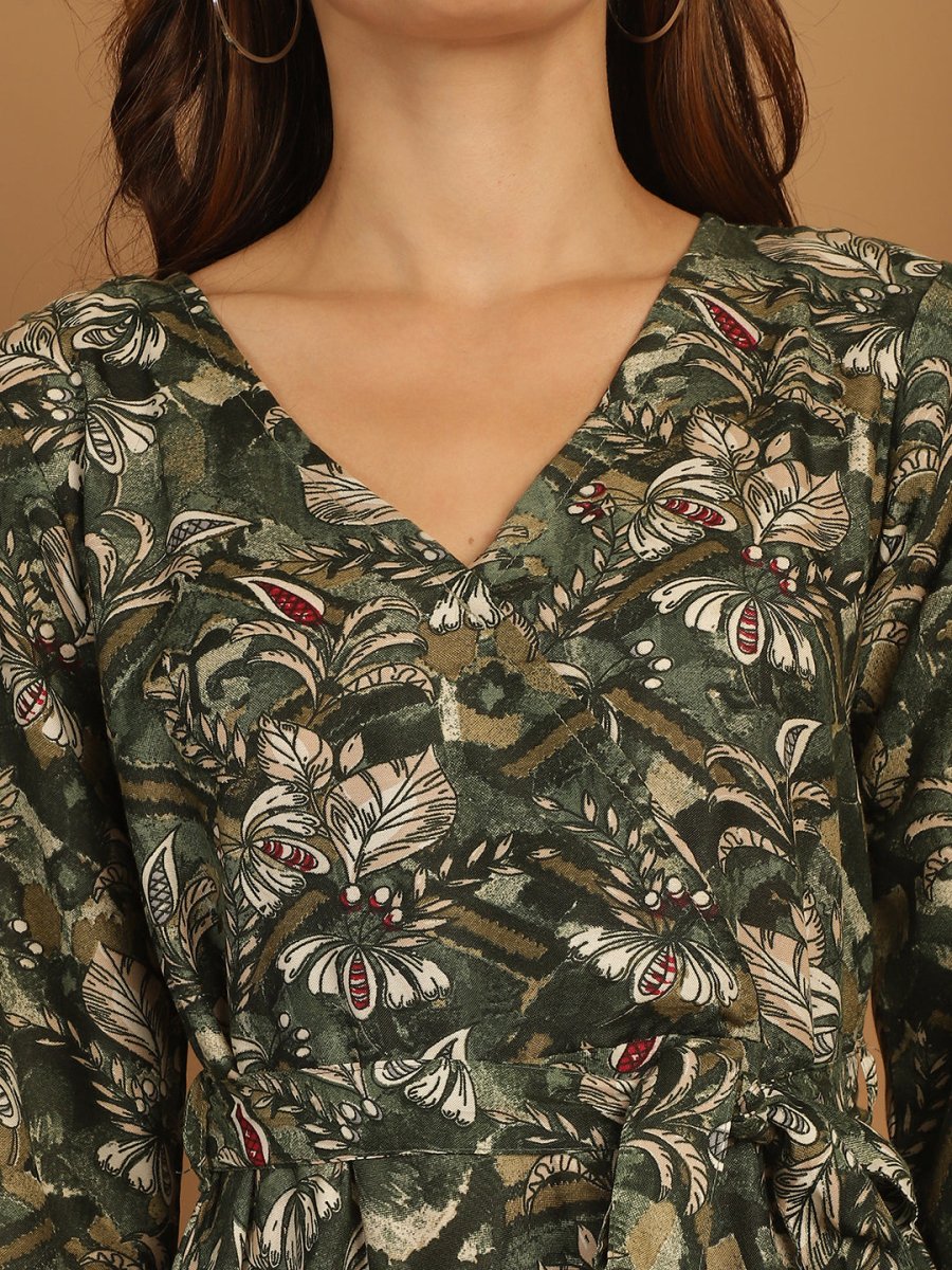 Women's Floral Print Short Western Dress - JND_1031Green_XS