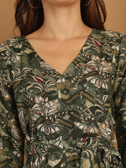 Women's Floral Print Short Western Dress - JND_1031Green_XS