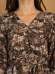 Women's Floral Print Short Western Dress - JND_1031Brown_XS