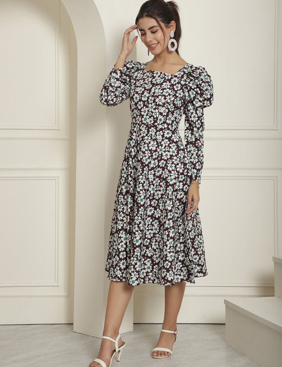 Women's Floral Print Square Neck Puff Sleeved Flaired Dress - JND_1009Purple_XS