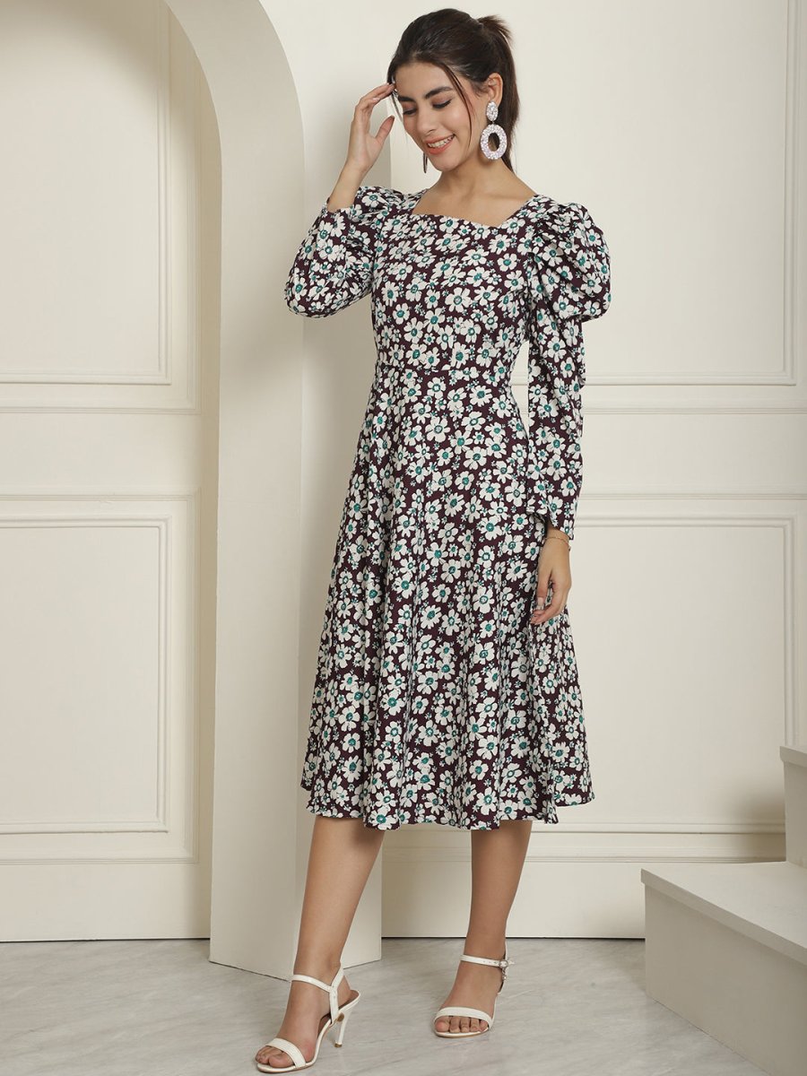 Women's Floral Print Square Neck Puff Sleeved Flaired Dress - JND_1009Purple_XS