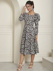 Women's Floral Print Square Neck Puff Sleeved Flaired Dress - JND_1009Purple_XS
