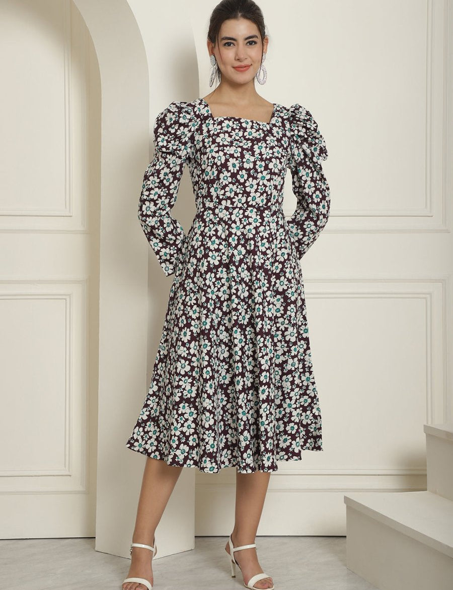 Women's Floral Print Square Neck Puff Sleeved Flaired Dress - JND_1009Purple_XS