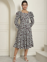 Women's Floral Print Square Neck Puff Sleeved Flaired Dress - JND_1009Purple_XS