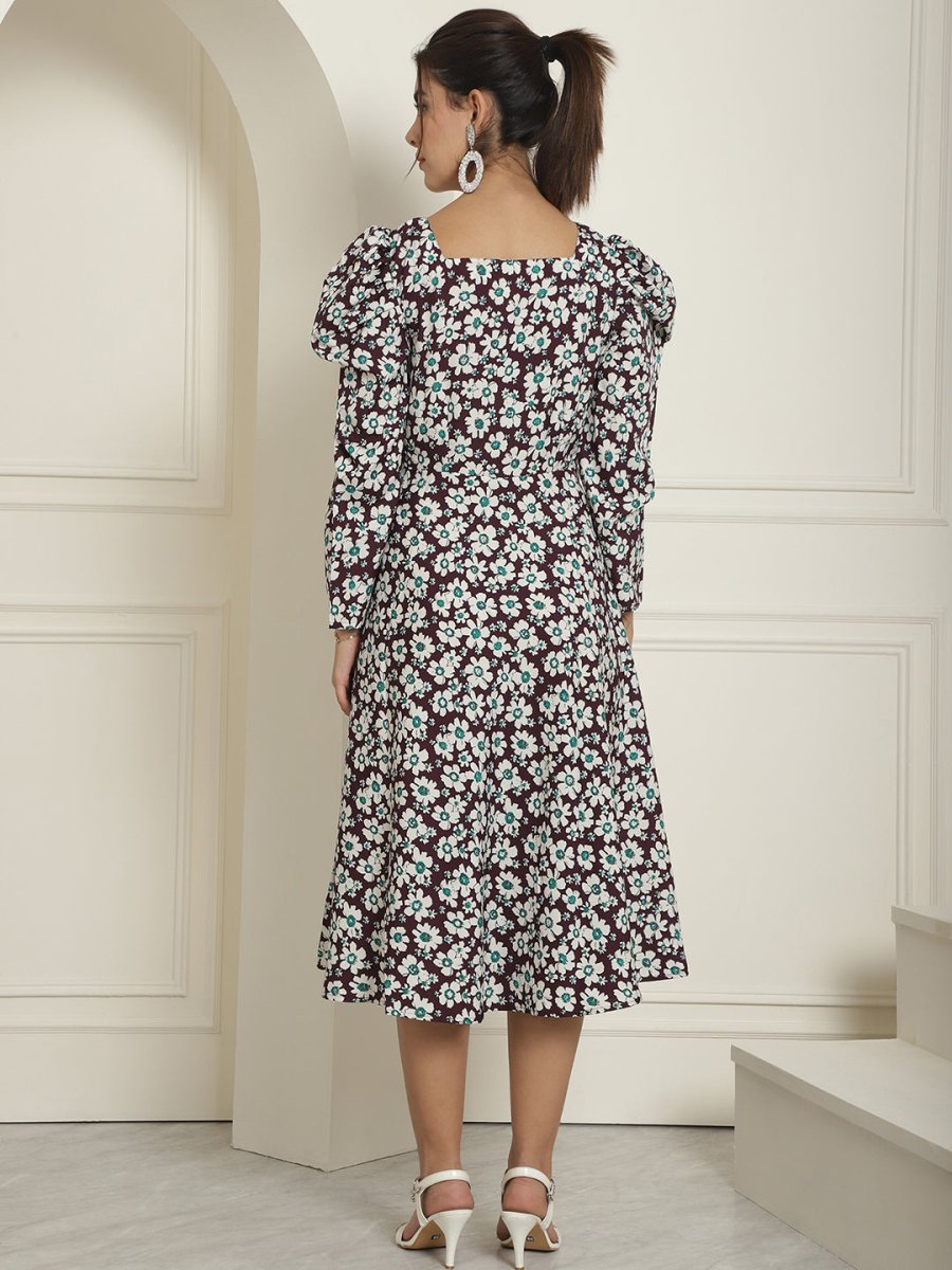 Women's Floral Print Square Neck Puff Sleeved Flaired Dress - JND_1009Purple_XS