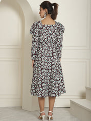 Women's Floral Print Square Neck Puff Sleeved Flaired Dress - JND_1009Purple_XS