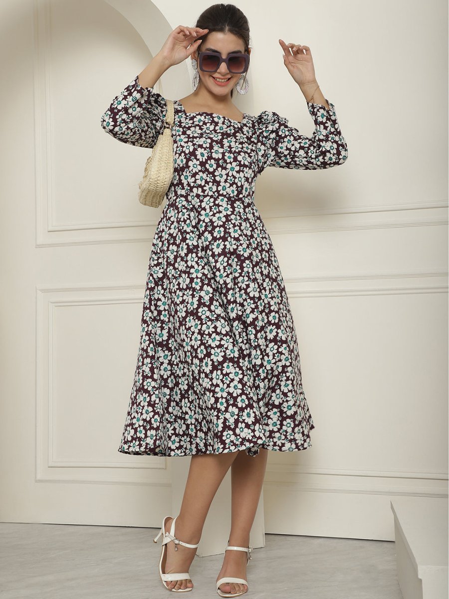Women's Floral Print Square Neck Puff Sleeved Flaired Dress - JND_1009Purple_XS