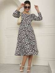 Women's Floral Print Square Neck Puff Sleeved Flaired Dress - JND_1009Purple_XS