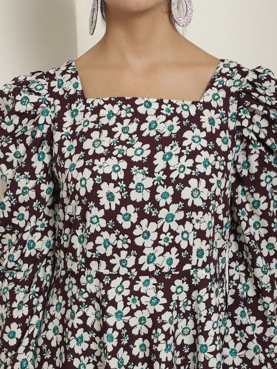 Women's Floral Print Square Neck Puff Sleeved Flaired Dress - JND_1009Purple_XS