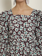 Women's Floral Print Square Neck Puff Sleeved Flaired Dress - JND_1009Purple_XS