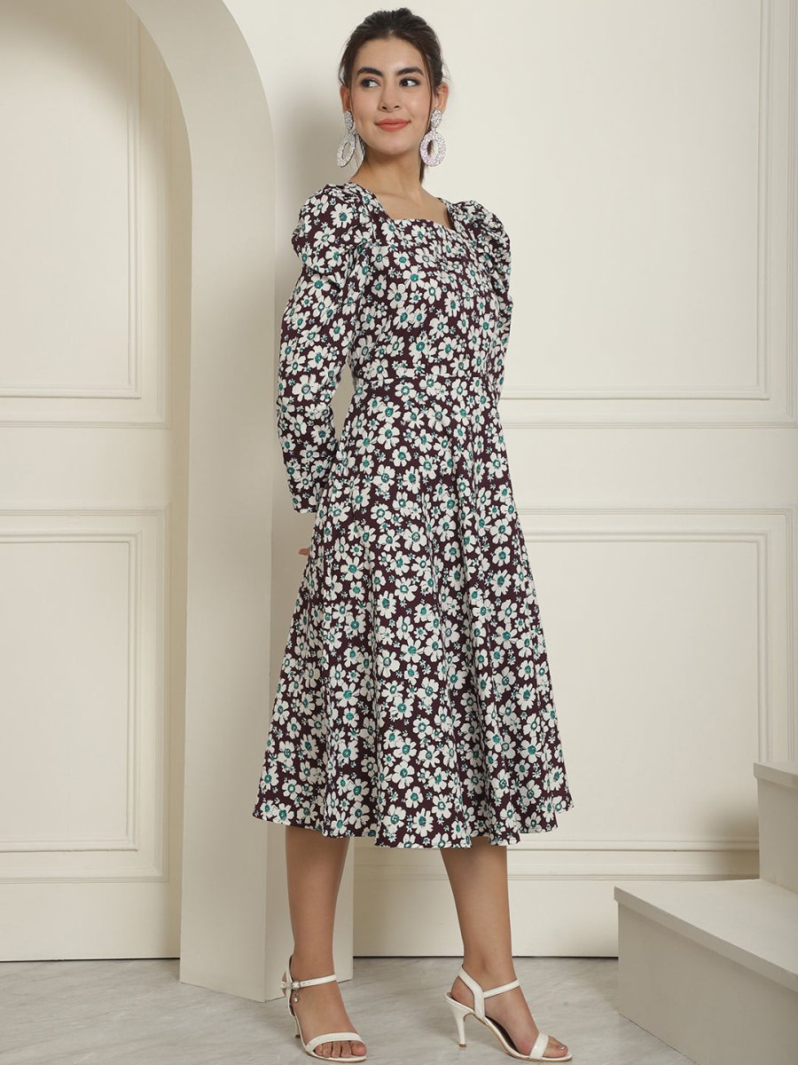 Women's Floral Print Square Neck Puff Sleeved Flaired Dress - JND_1009Purple_XS