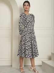 Women's Floral Print Square Neck Puff Sleeved Flaired Dress - JND_1009Purple_XS