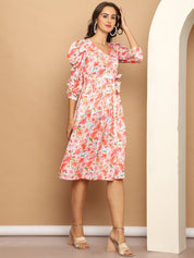 Women's Floral Printed A-line Dress With Belt - JND_1036Orange_XS