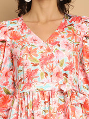 Women's Floral Printed A-line Dress With Belt - JND_1036Orange_XS