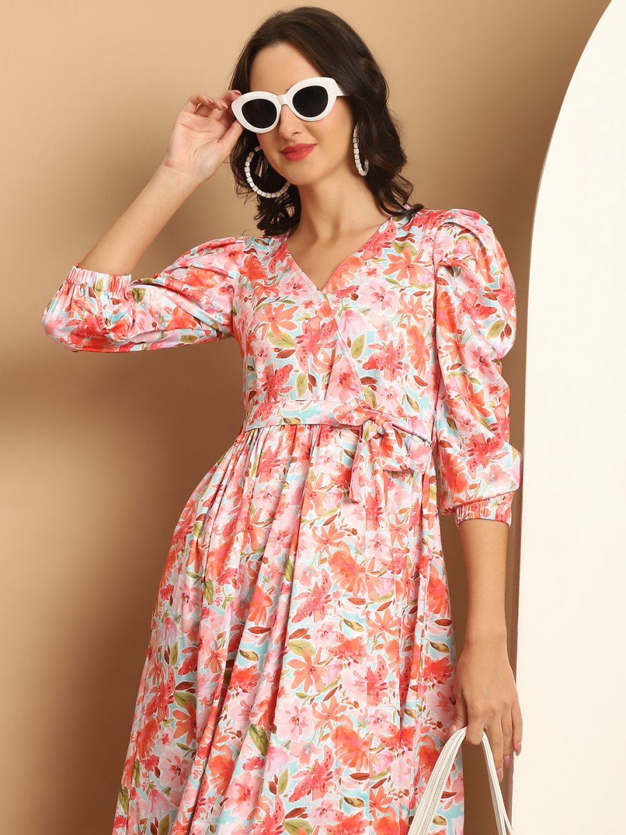 Women's Floral Printed A-line Dress With Belt - JND_1036Orange_XS