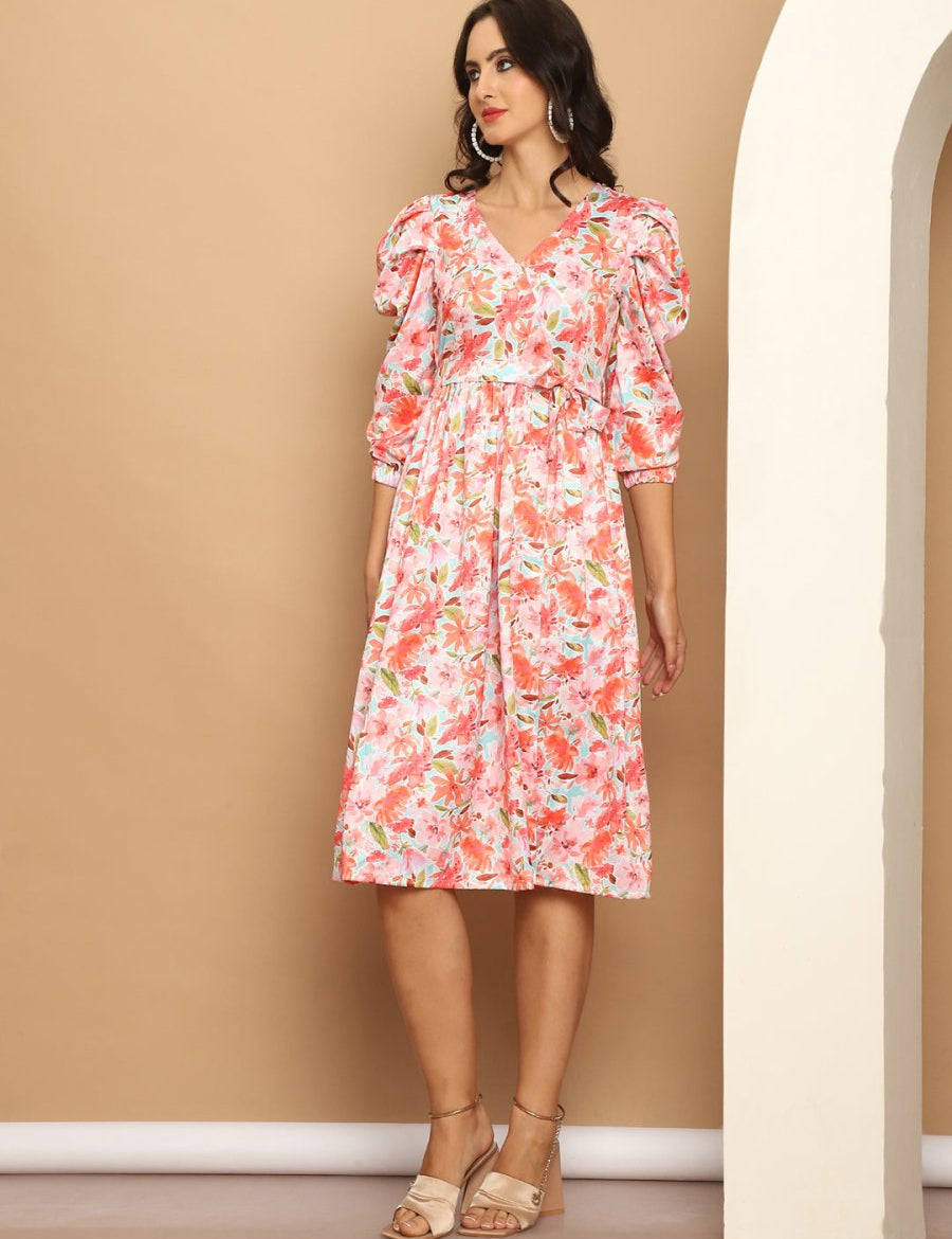 Women's Floral Printed A-line Dress With Belt - JND_1036Orange_XS