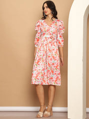 Women's Floral Printed A-line Dress With Belt - JND_1036Orange_XS