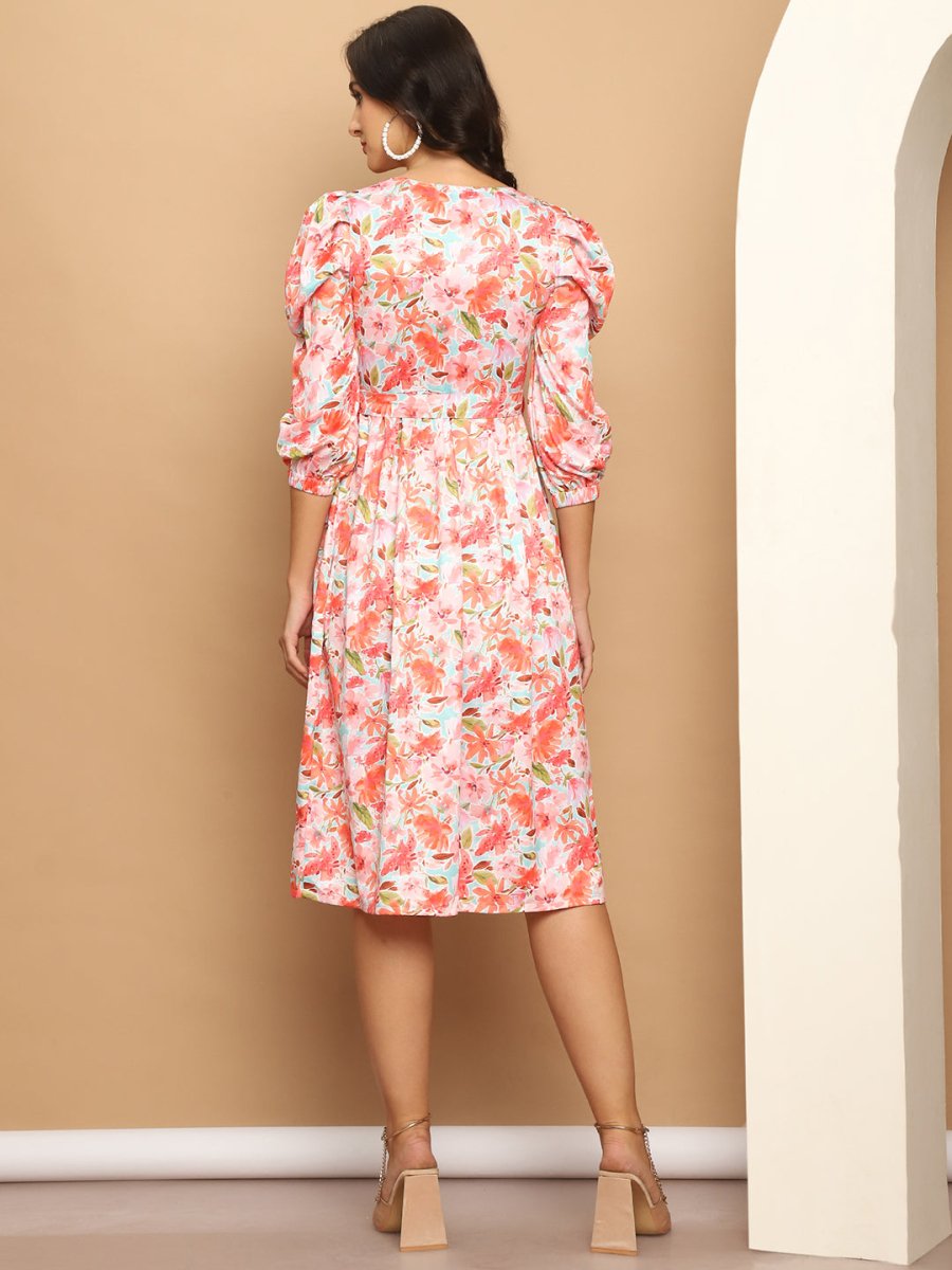 Women's Floral Printed A-line Dress With Belt - JND_1036Orange_XS