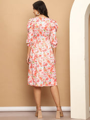 Women's Floral Printed A-line Dress With Belt - JND_1036Orange_XS