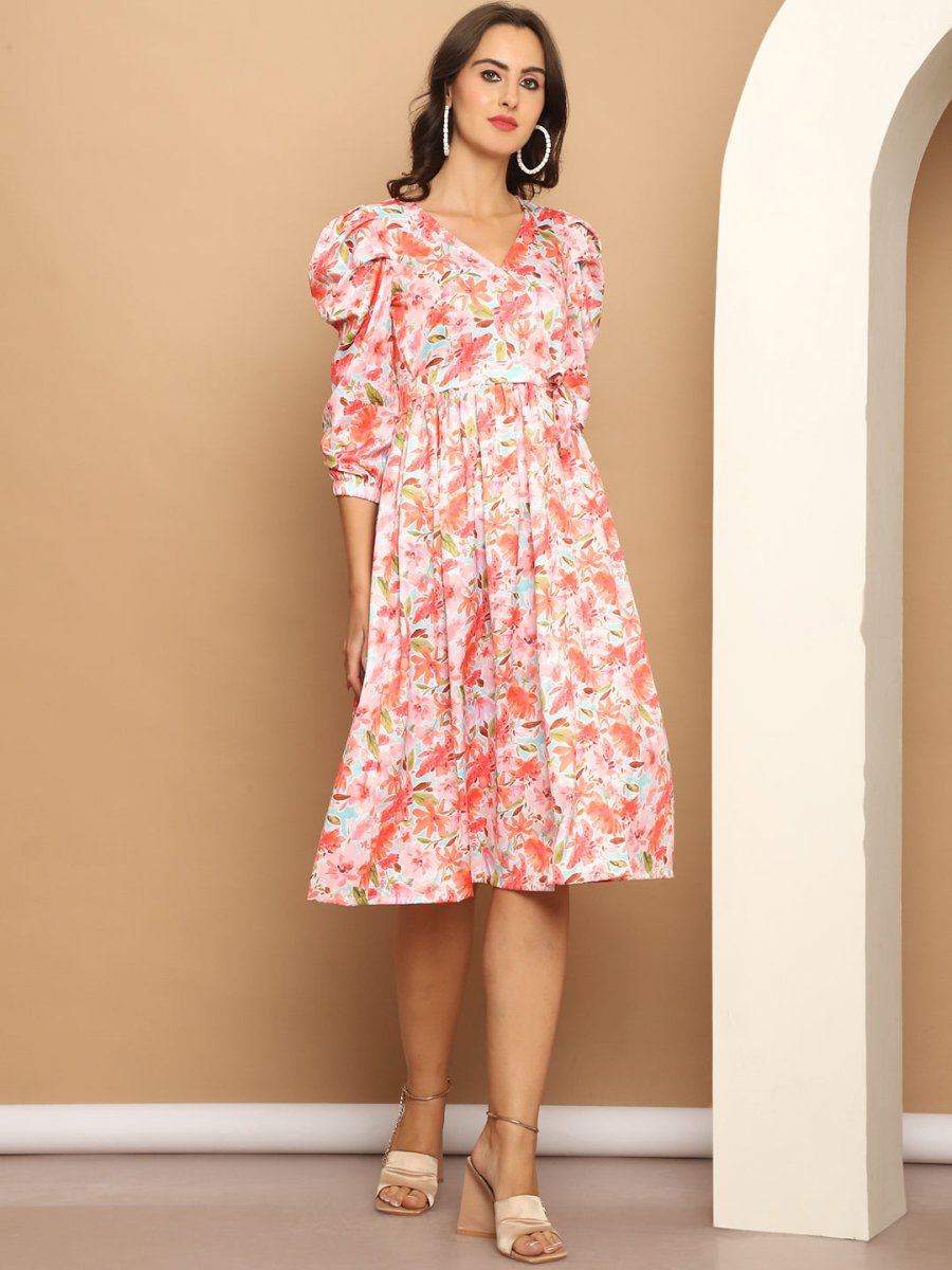 Women's Floral Printed A-line Dress With Belt - JND_1036Orange_XS