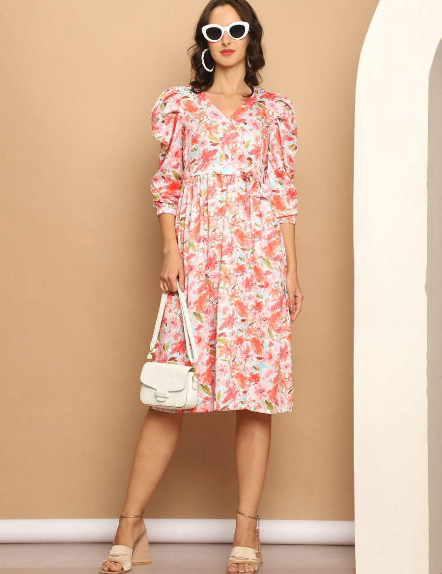 Women's Floral Printed A-line Dress With Belt - JND_1036Orange_XS