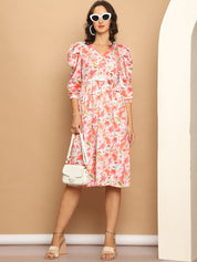 Women's Floral Printed A-line Dress With Belt - JND_1036Orange_XS