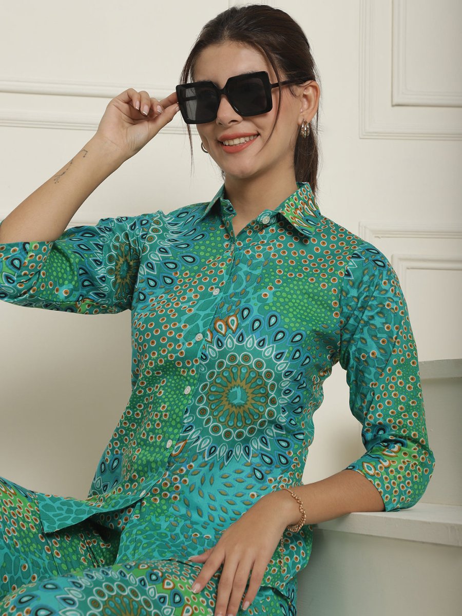 Women's Green Printed Shirt and Trouser Co-ords Set - JNCS_3008Green_XS