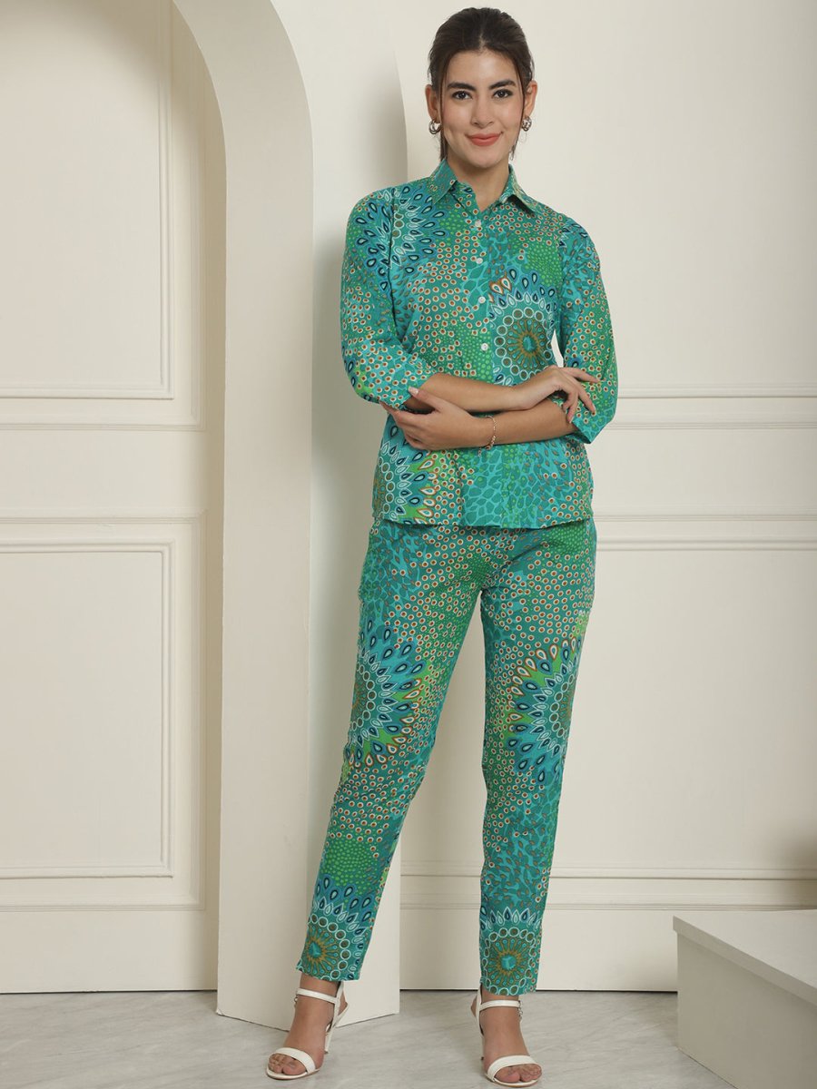 Women's Green Printed Shirt and Trouser Co-ords Set - JNCS_3008Green_XS
