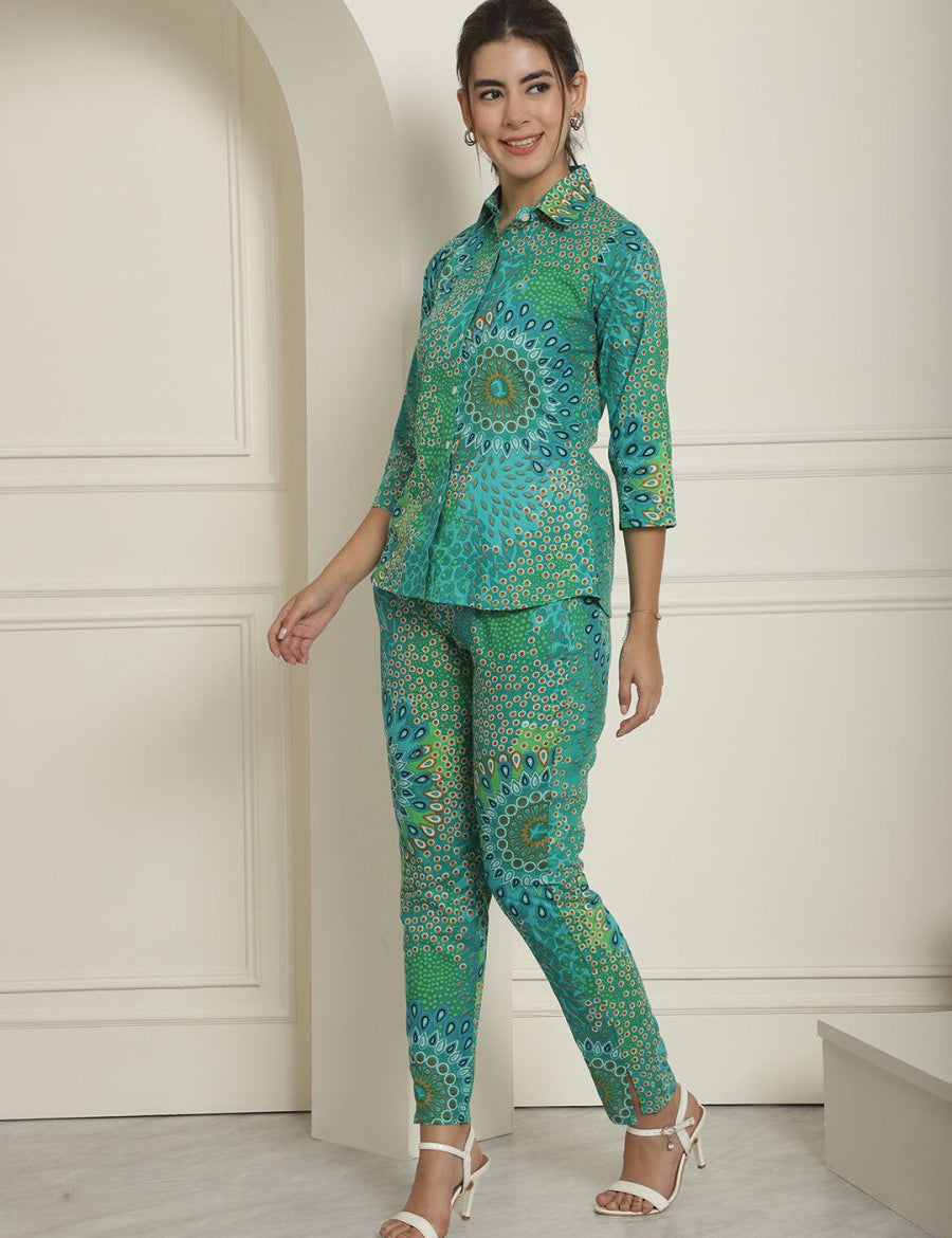 Women's Green Printed Shirt and Trouser Co-ords Set - JNCS_3008Green_XS