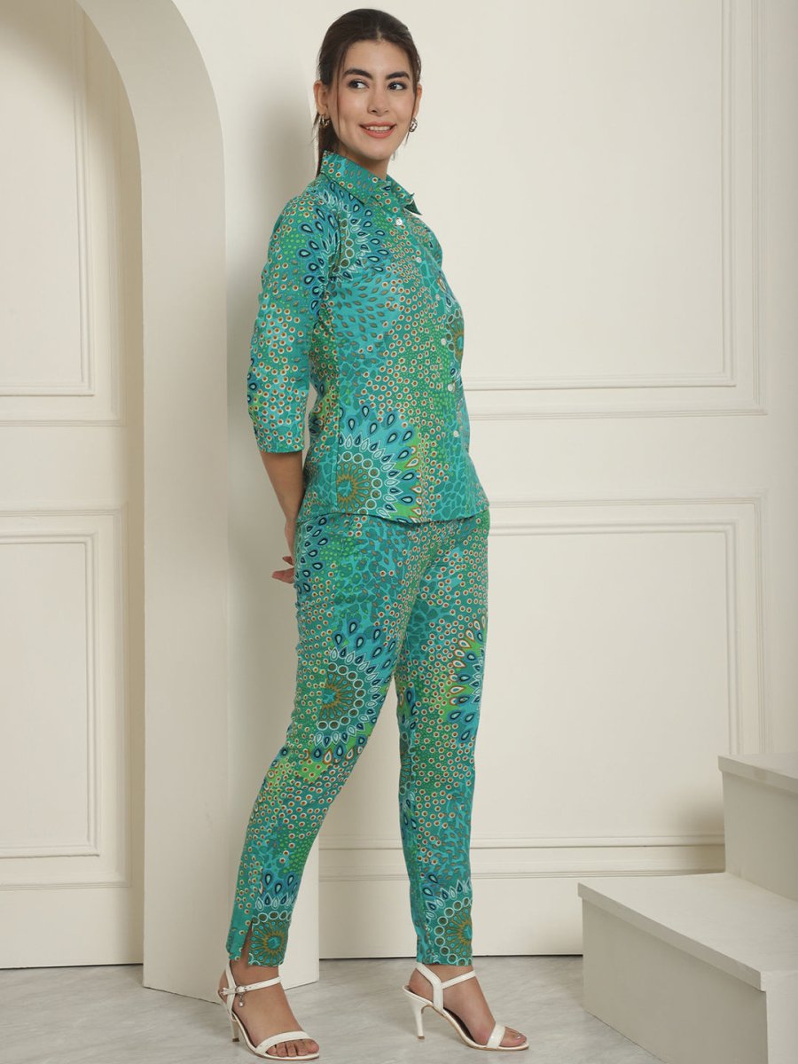 Women's Green Printed Shirt and Trouser Co-ords Set - JNCS_3008Green_XS