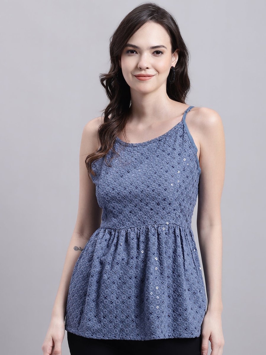 Women's Grey Chikankari Sequen Work Empire Top - JNT_2013Grey_XS