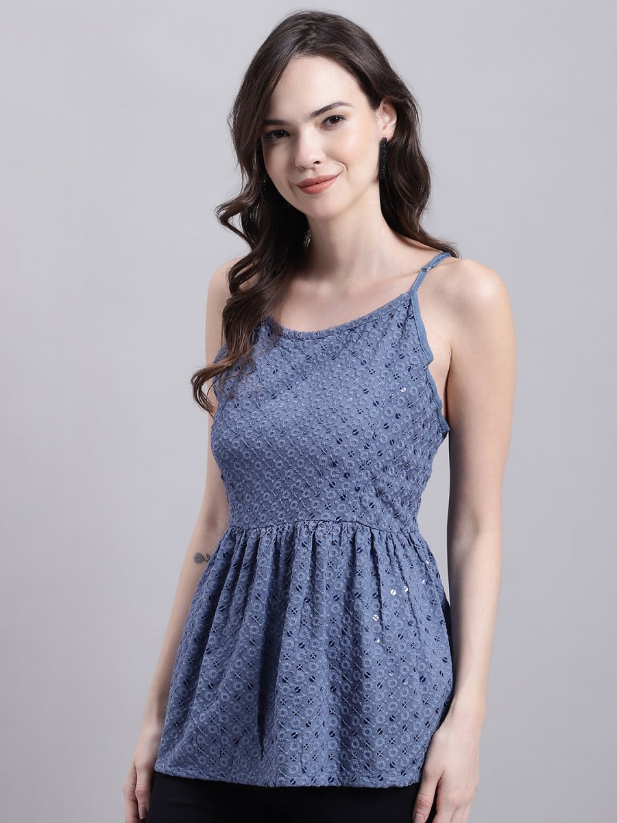 Women's Grey Chikankari Sequen Work Empire Top - JNT_2013Grey_XS