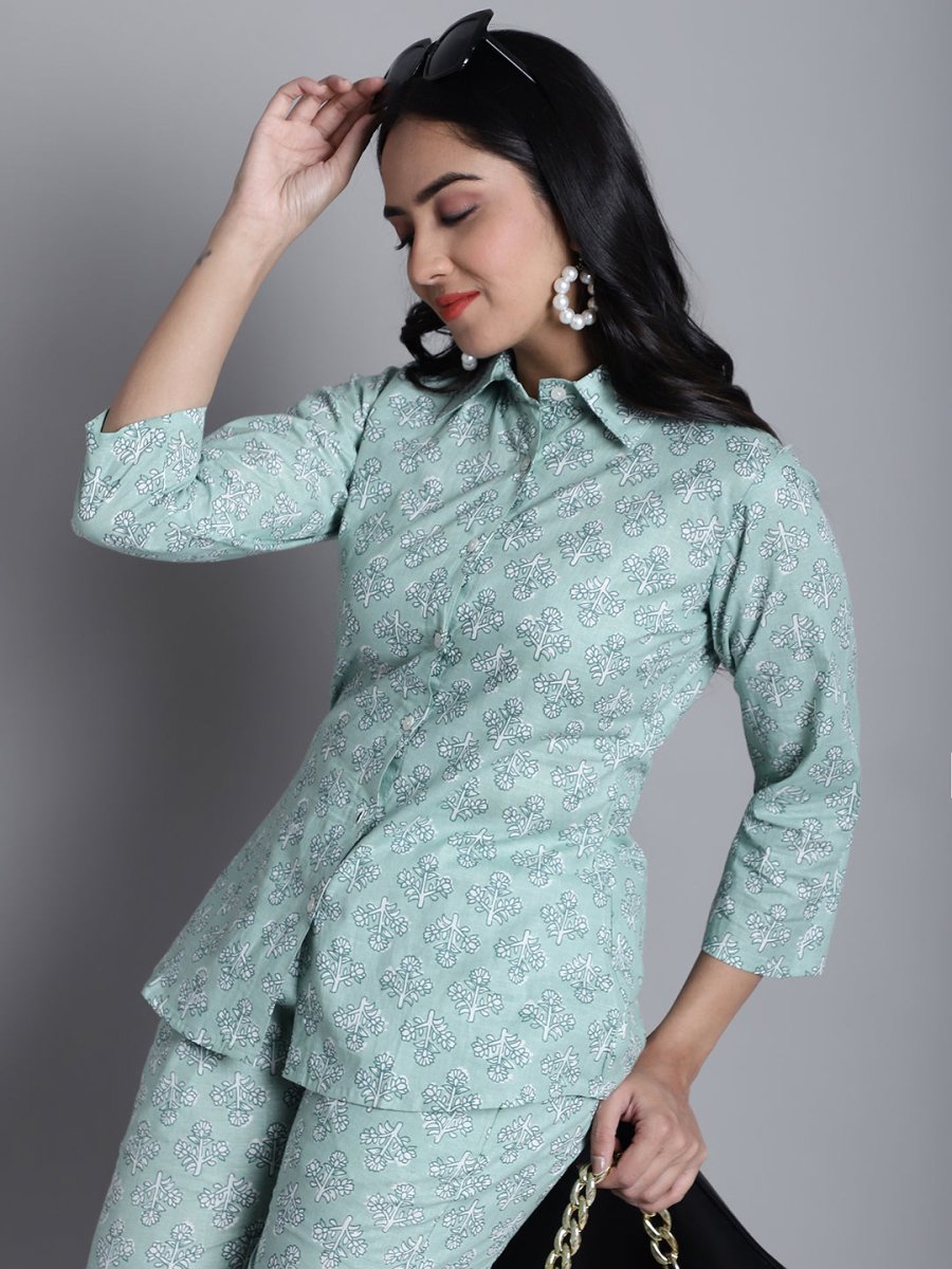 Women's Lime Green Printed Shirt and Trouser Co-ords Set - JNCS_3008Lime_XS