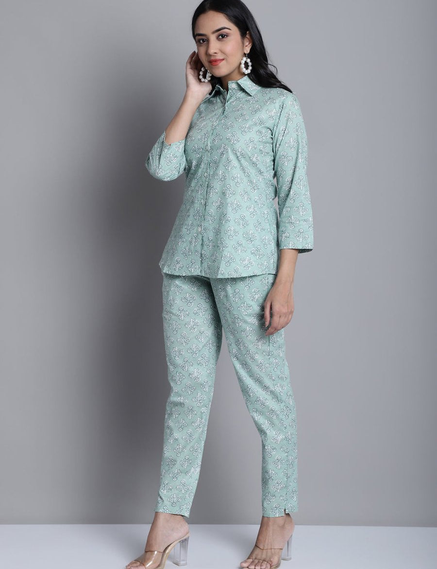 Women's Lime Green Printed Shirt and Trouser Co-ords Set - JNCS_3008Lime_XS