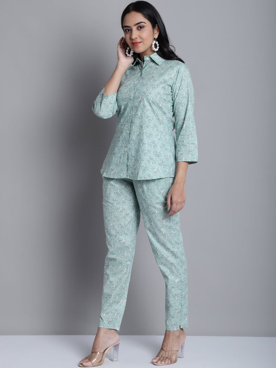 Women's Lime Green Printed Shirt and Trouser Co-ords Set - JNCS_3008Lime_XS