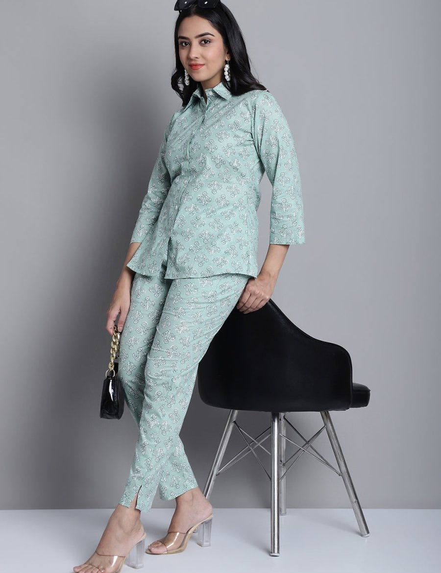 Women's Lime Green Printed Shirt and Trouser Co-ords Set - JNCS_3008Lime_XS