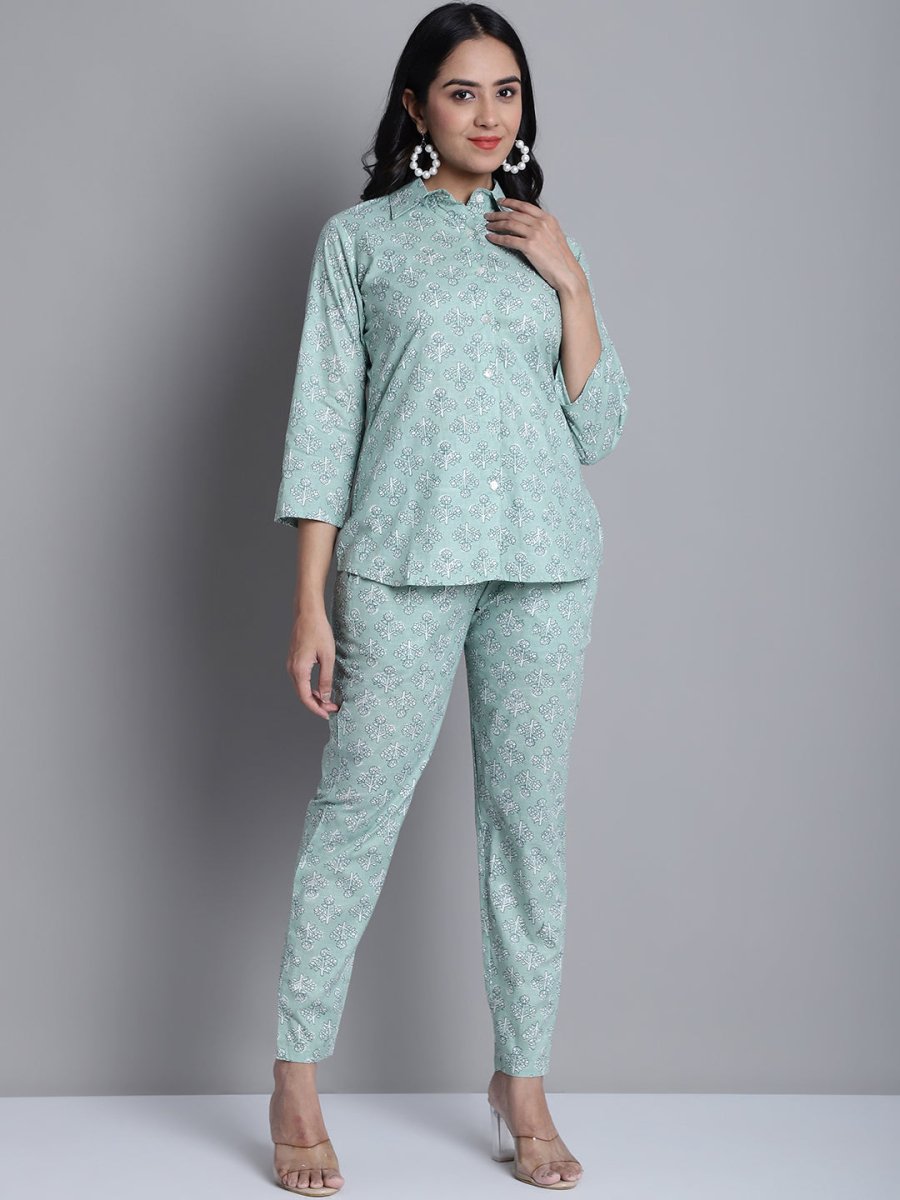 Women's Lime Green Printed Shirt and Trouser Co-ords Set - JNCS_3008Lime_XS