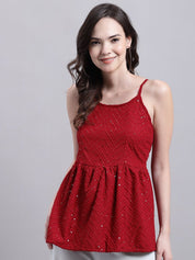 Women's Maroon Chikankari Sequen Work Empire Top - JNT_2014Maroon_XS