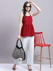 Women's Maroon Chikankari Sequen Work Empire Top - JNT_2014Maroon_XS