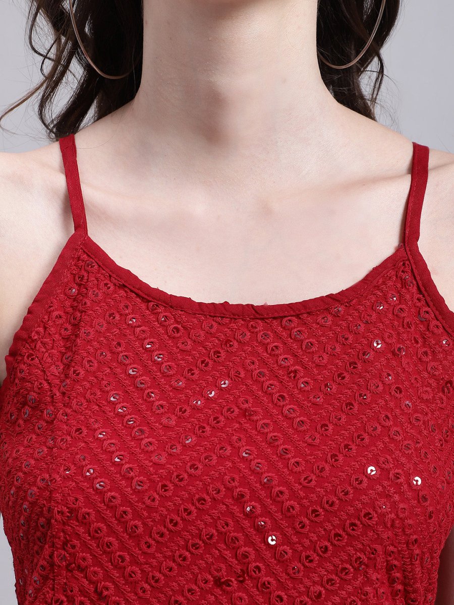 Women's Maroon Chikankari Sequen Work Empire Top - JNT_2014Maroon_XS