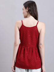 Women's Maroon Chikankari Sequen Work Empire Top - JNT_2014Maroon_XS