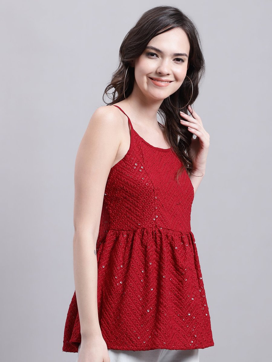 Women's Maroon Chikankari Sequen Work Empire Top - JNT_2014Maroon_XS