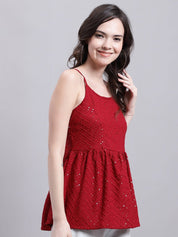 Women's Maroon Chikankari Sequen Work Empire Top - JNT_2014Maroon_XS